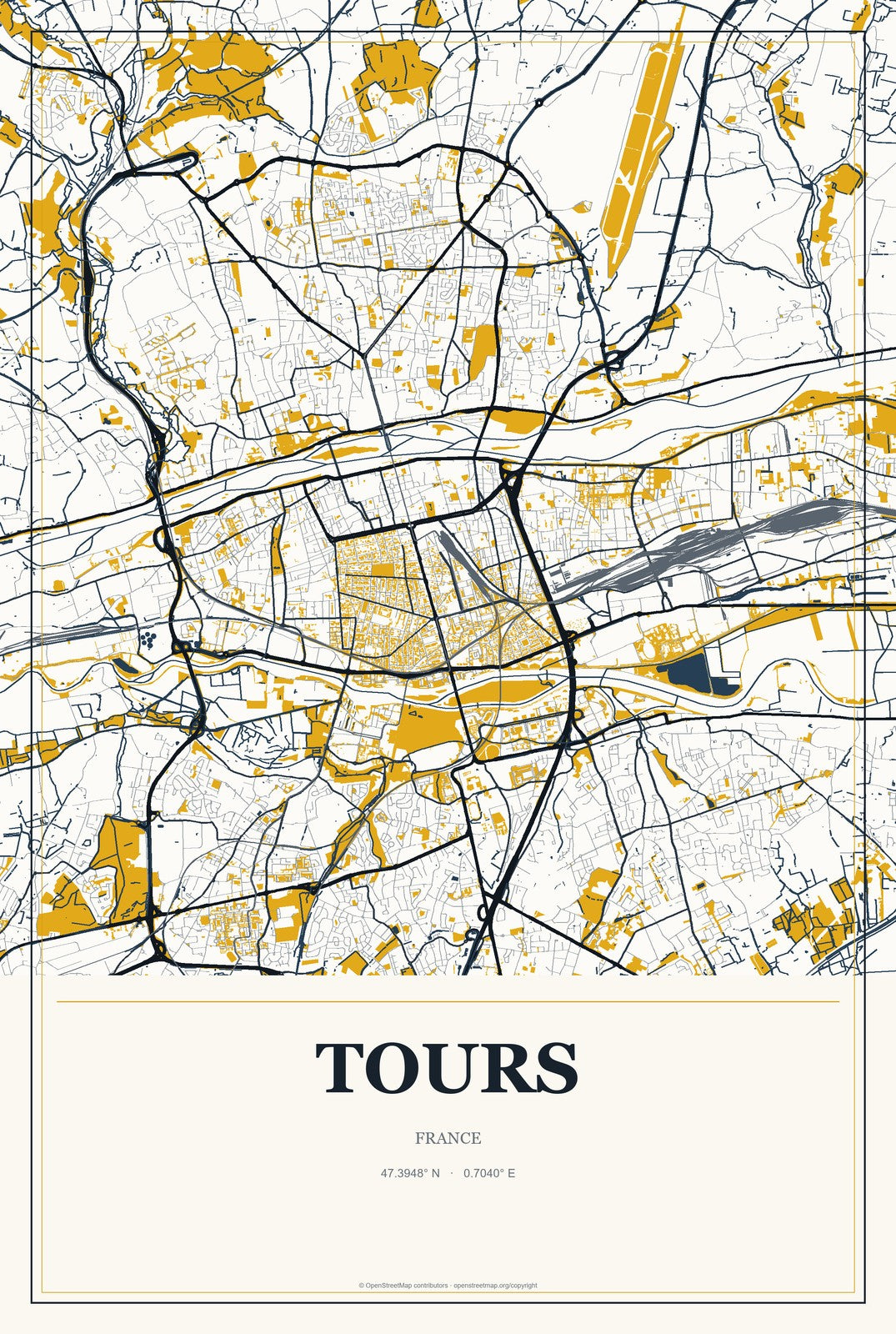 Tours, France City Map Aluminum Sign in Citrine Modern style