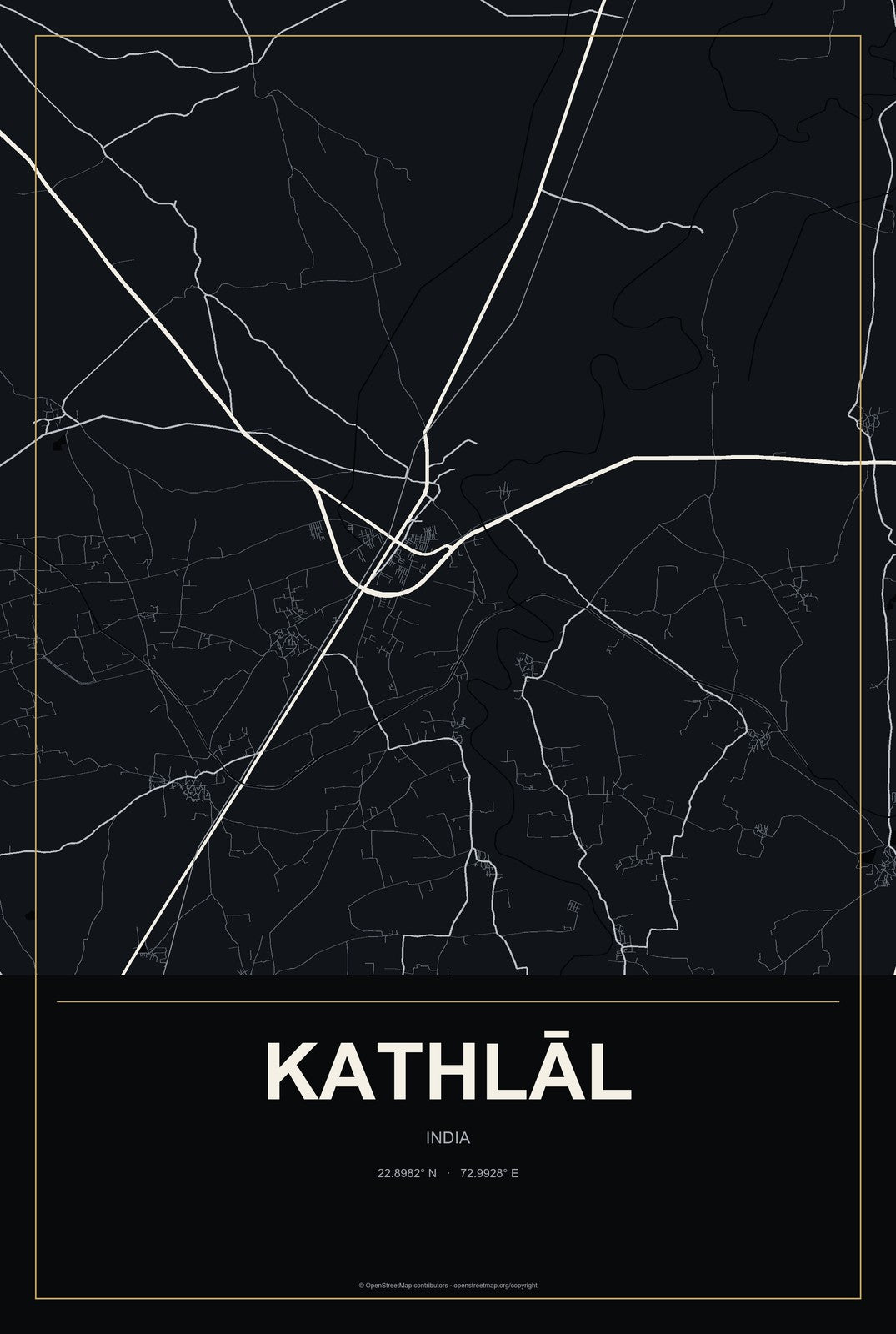 Kathlāl, India City Map Aluminum Sign in Metropolitan Noir style