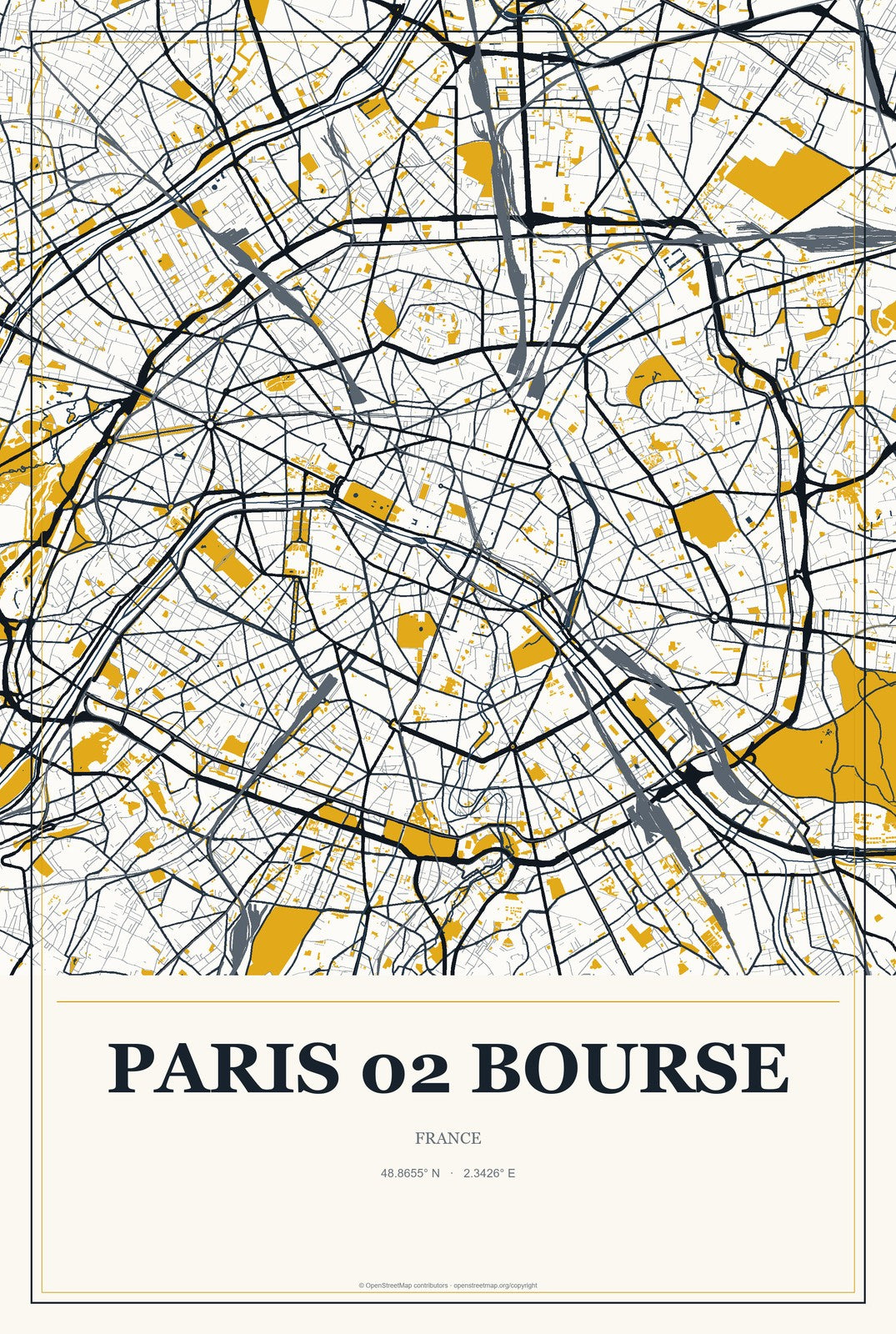 Paris 02 Bourse, France City Map Aluminum Sign in Citrine Modern style