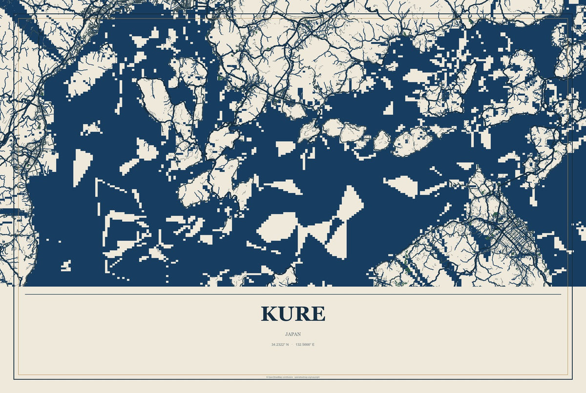 Kure, Japan City Map Aluminum Sign in Coastal Cutout style