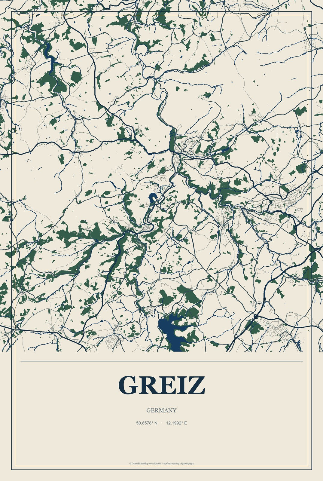 Greiz, Germany City Map Aluminum Sign in Coastal Cutout style