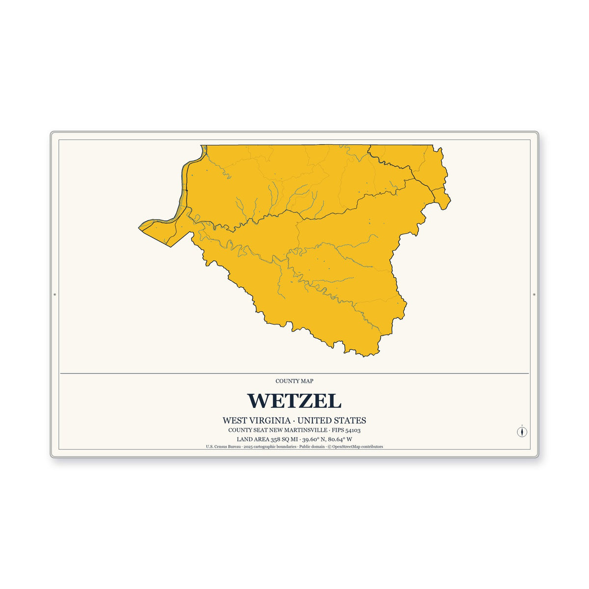 Wetzel County, West Virginia Map Aluminum Sign in Citrine Modern style