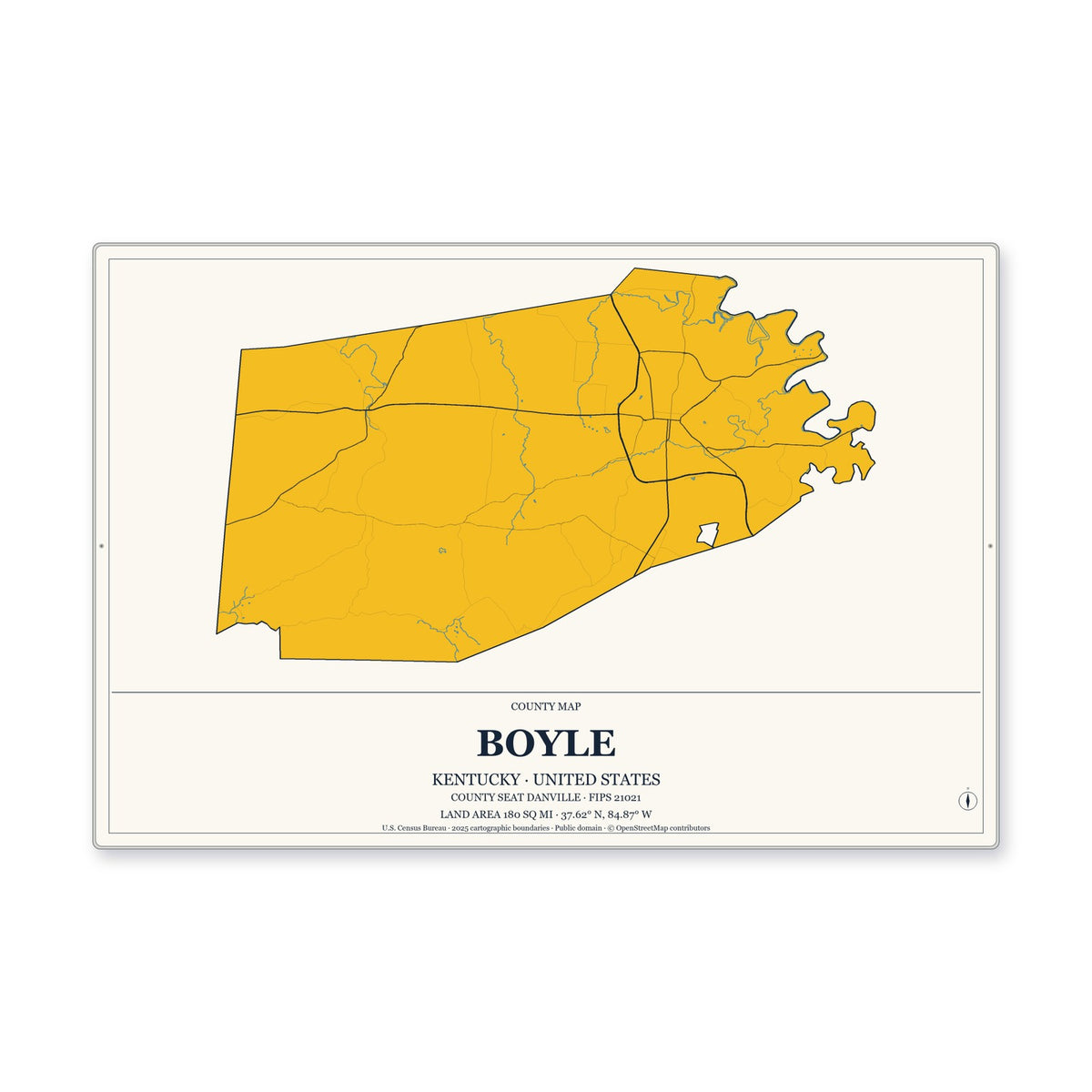 Boyle County, Kentucky Map Aluminum Sign in Citrine Modern style