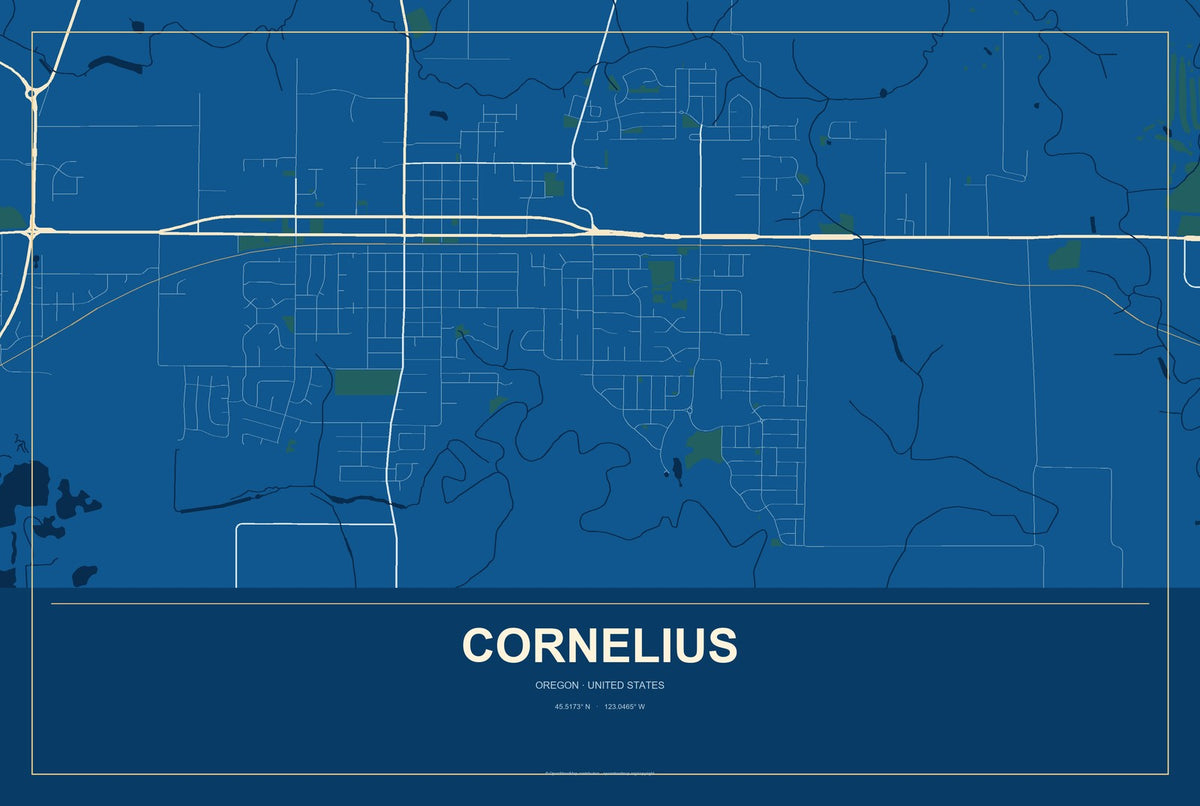 Cornelius, Oregon City Map Aluminum Sign in Harbor Cobalt style