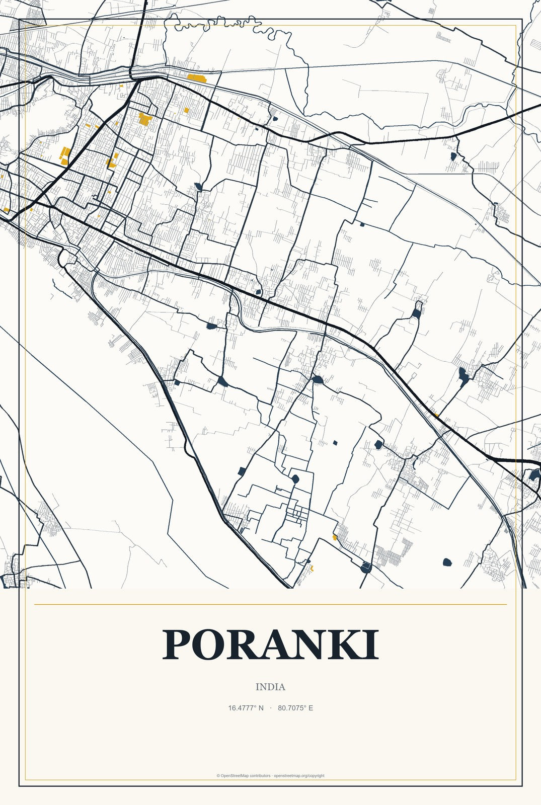 Poranki, India City Map Aluminum Sign in Citrine Modern style