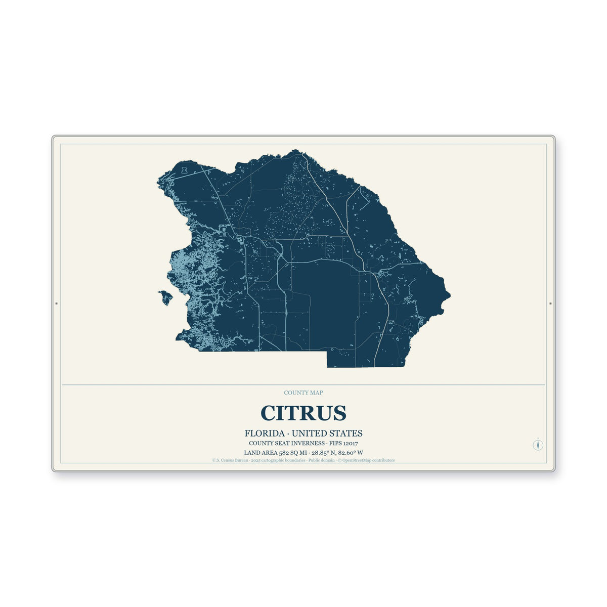 Citrus County, Florida Map Aluminum Sign in Coastal Cutout style