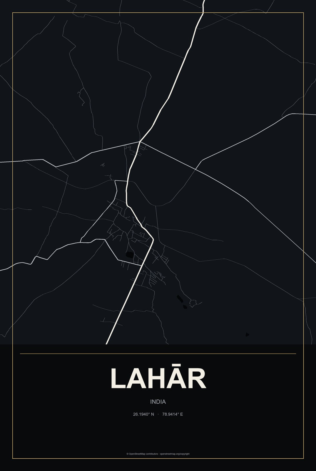 Lahār, India City Map Aluminum Sign in Metropolitan Noir style