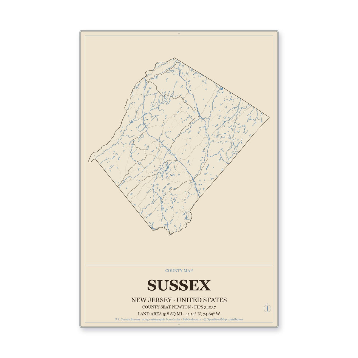 Sussex County, New Jersey Map Aluminum Sign in Heritage Nautical style