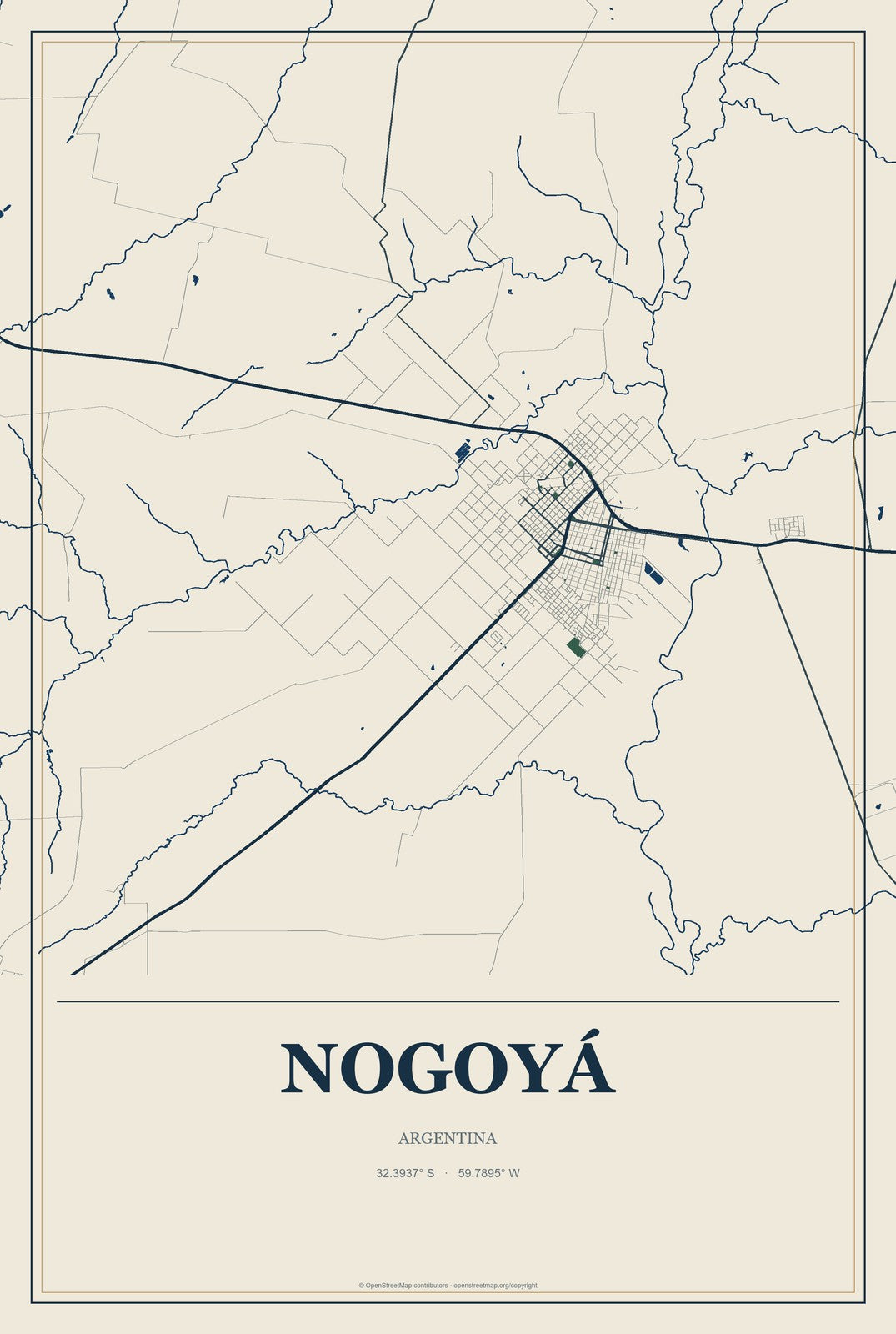 Nogoyá, Argentina City Map Aluminum Sign in Coastal Cutout style
