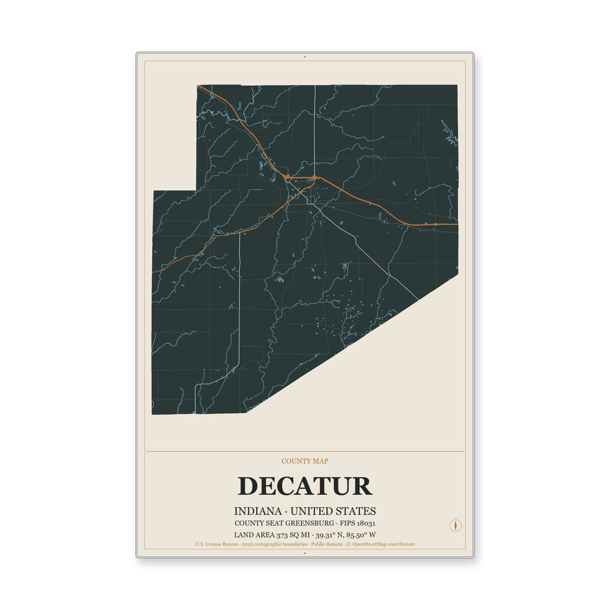 Decatur County, Indiana Map Aluminum Sign in Headline Atlas style