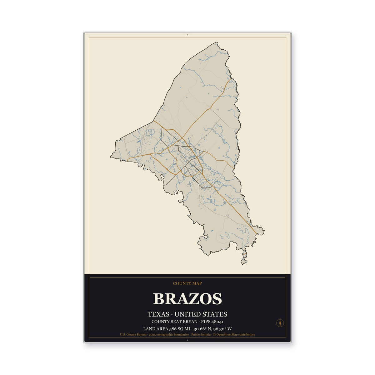 Brazos County, Texas Map Aluminum Sign in Museum Plaque style