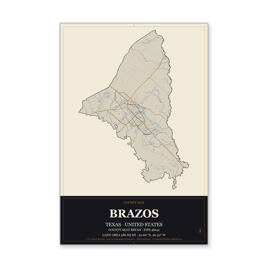Brazos County, Texas Map Aluminum Sign in Museum Plaque style