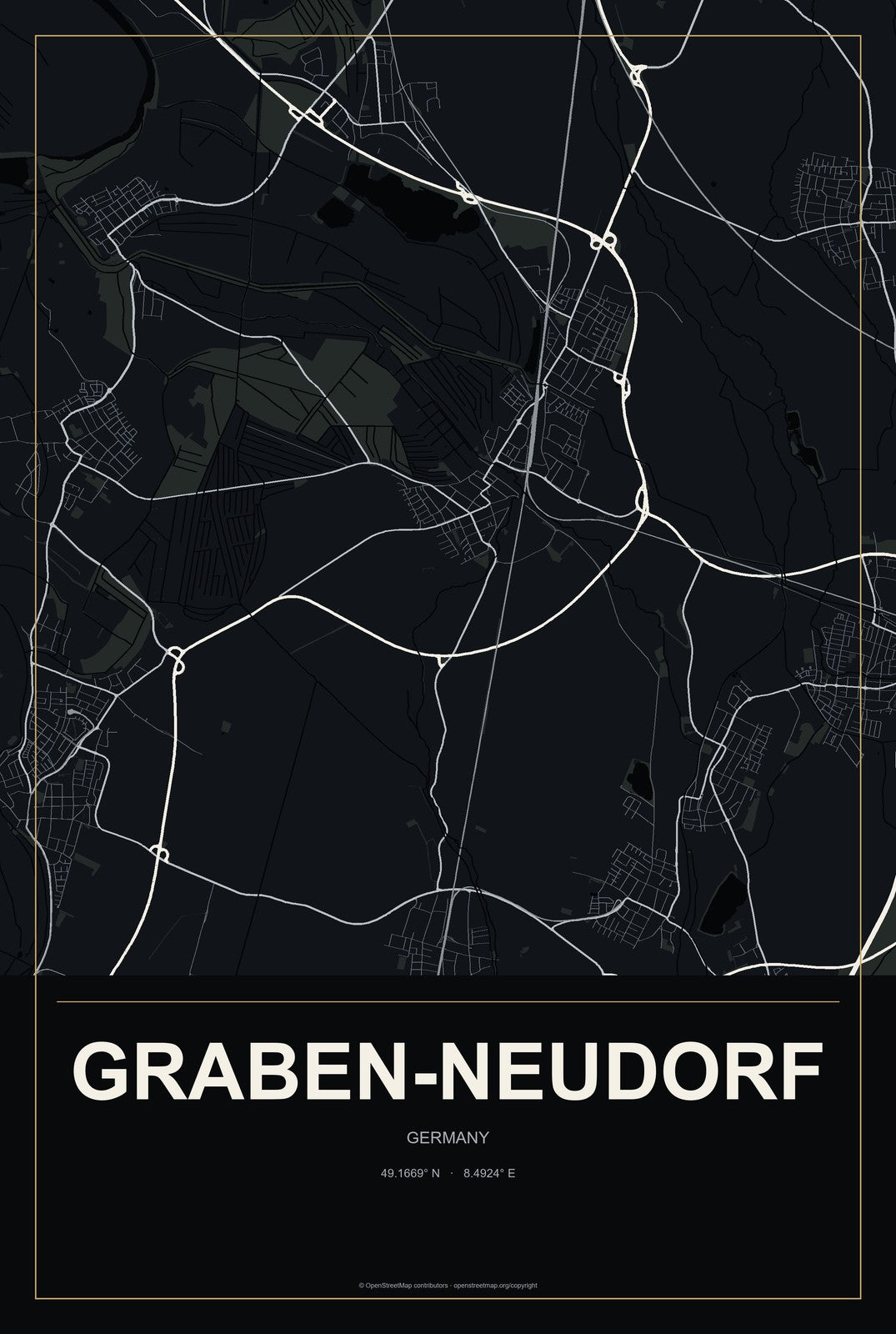 Graben-Neudorf, Germany City Map Aluminum Sign in Metropolitan Noir style