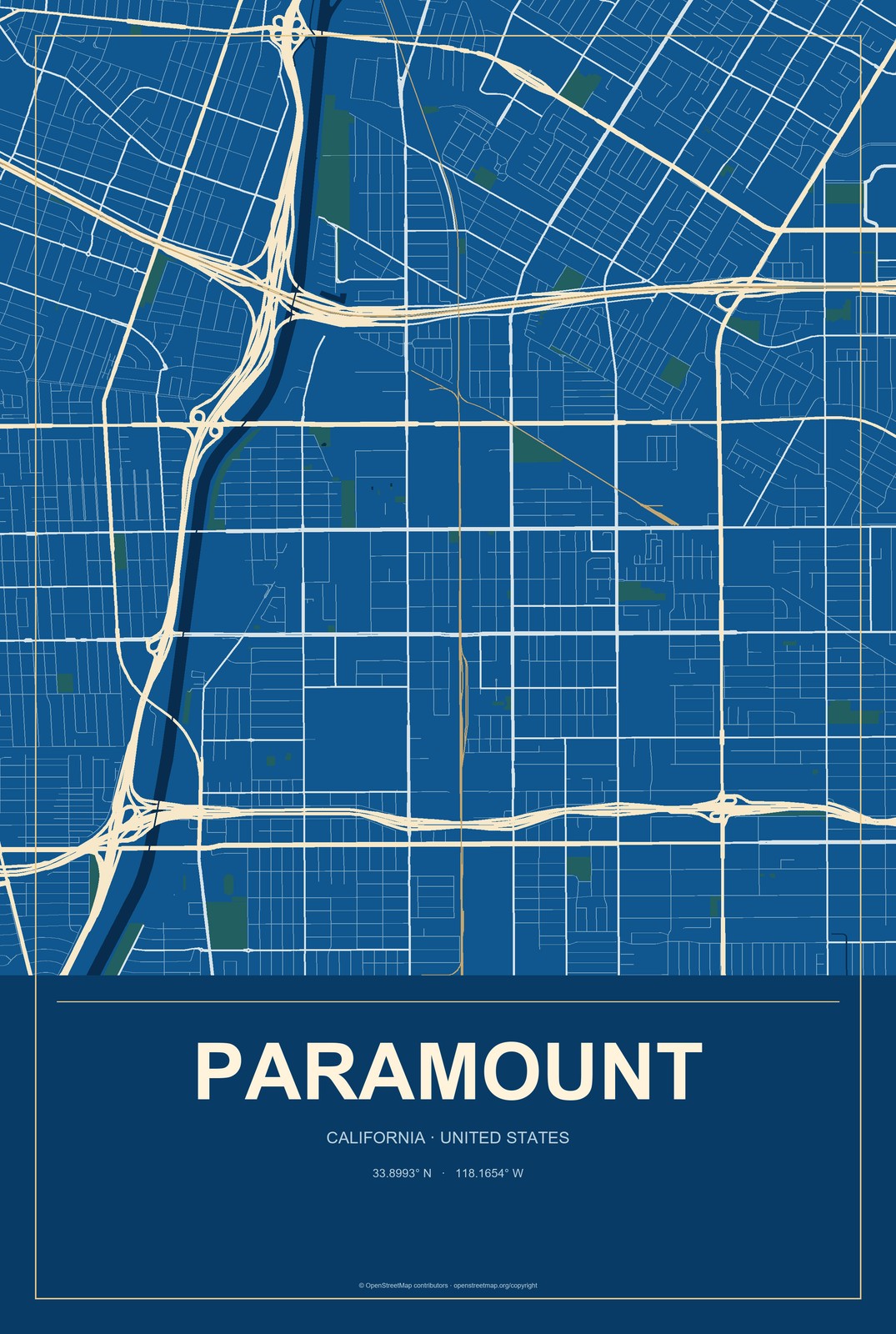 Paramount, California City Map Aluminum Sign in Harbor Cobalt style
