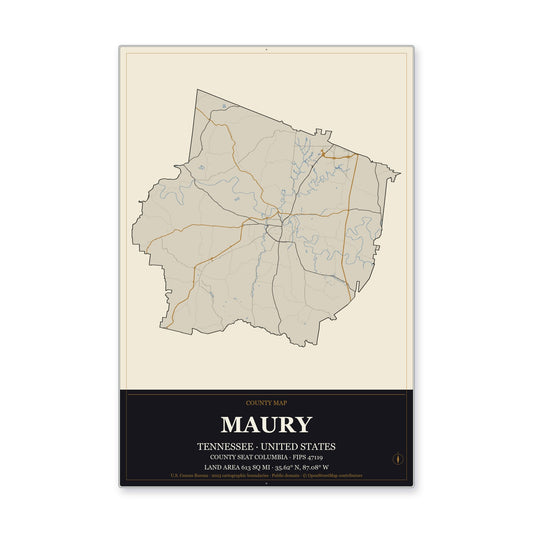 Maury County, Tennessee Map Aluminum Sign in Museum Plaque style