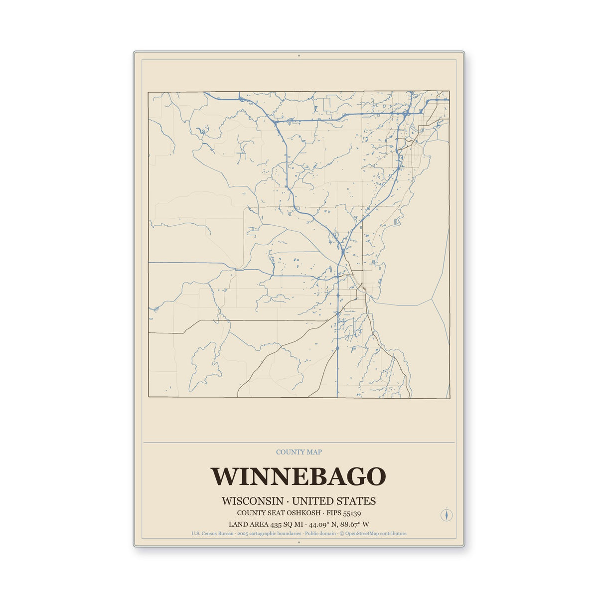 Winnebago County, Wisconsin Map Aluminum Sign in Heritage Nautical style