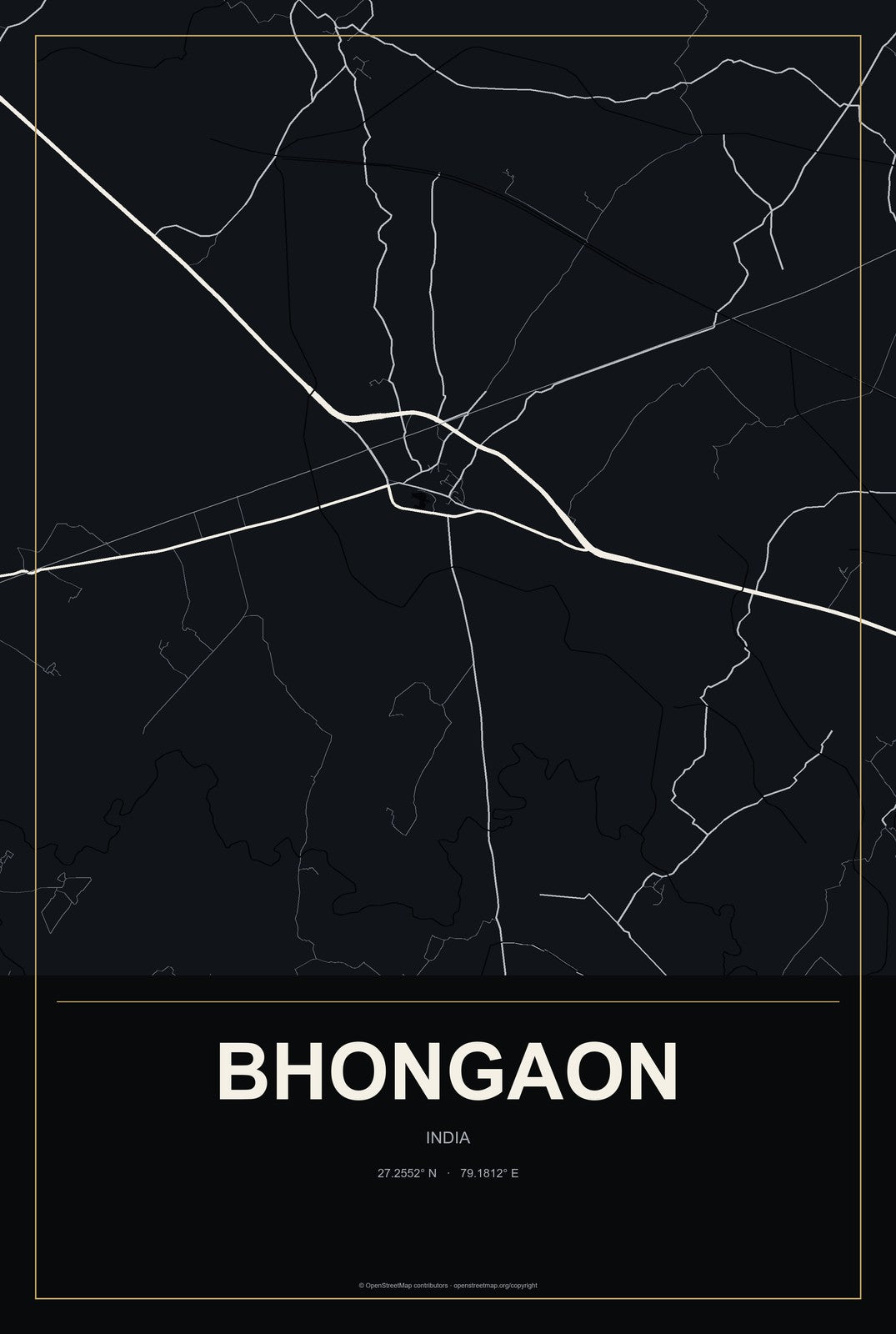 Bhongaon, India City Map Aluminum Sign in Metropolitan Noir style