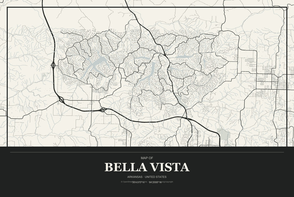 Bella Vista, Arkansas City Map Aluminum Sign in Museum Plaque style