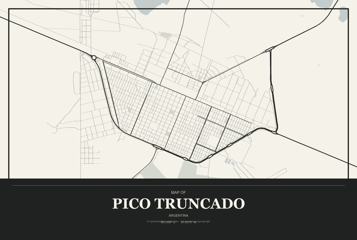 Pico Truncado, Argentina City Map Aluminum Sign in Museum Plaque style