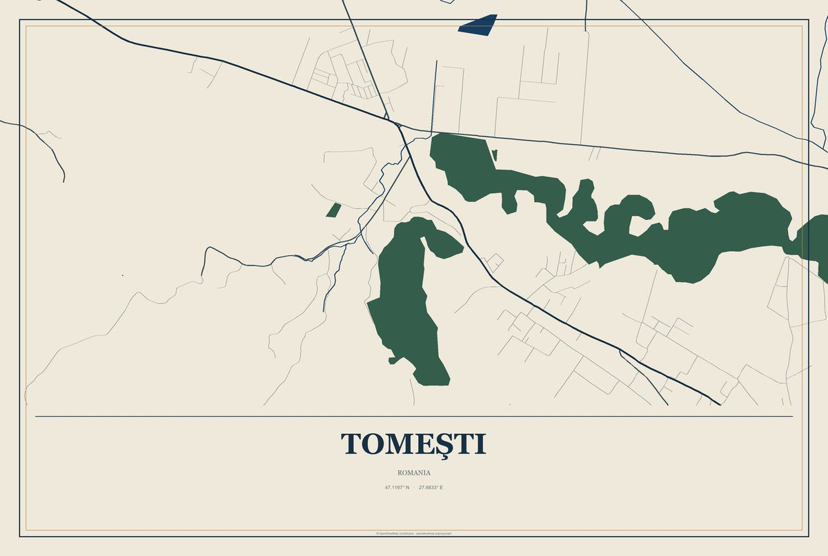 Tomeşti, Romania City Map Aluminum Sign in Coastal Cutout style