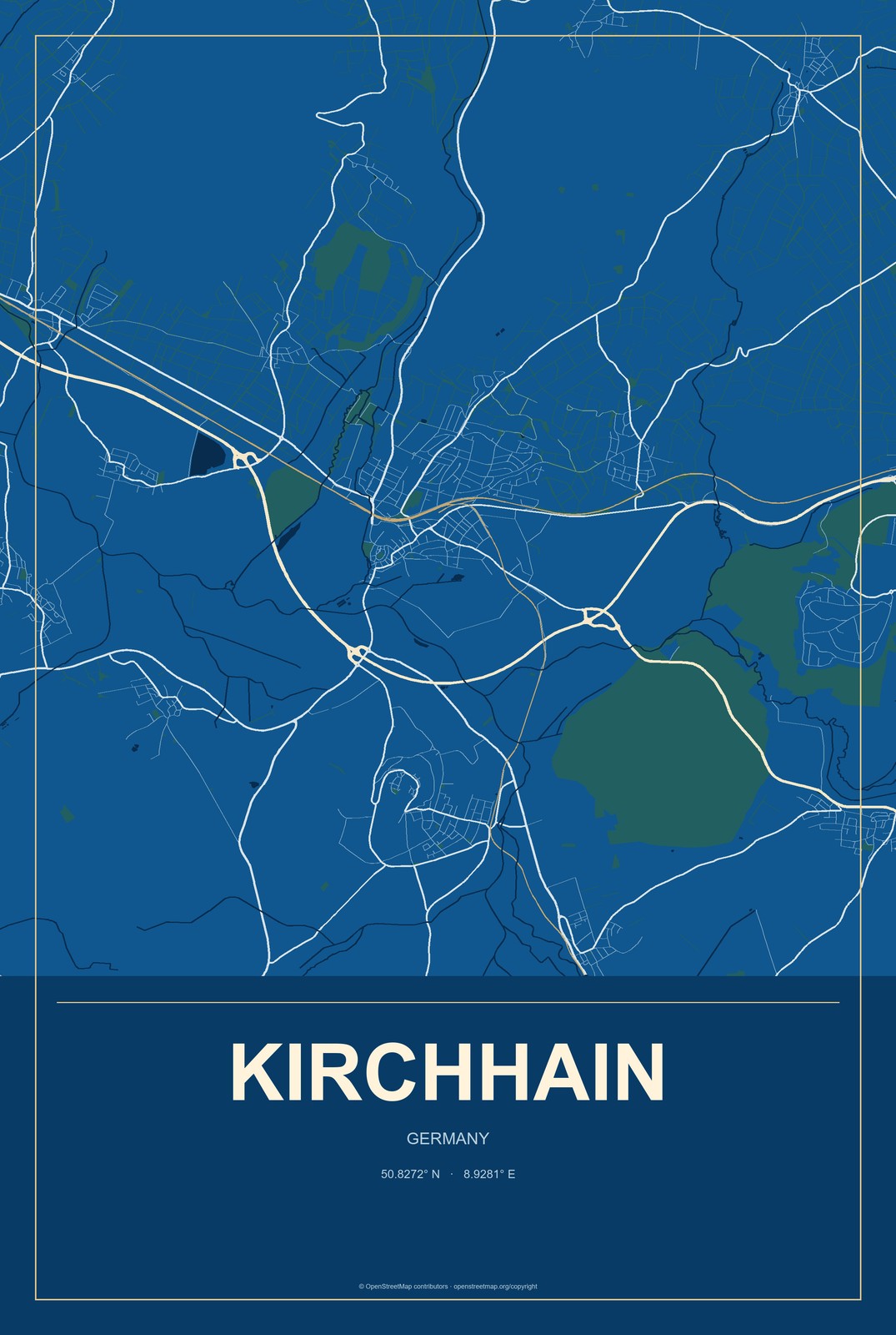 Kirchhain, Germany City Map Aluminum Sign in Harbor Cobalt style