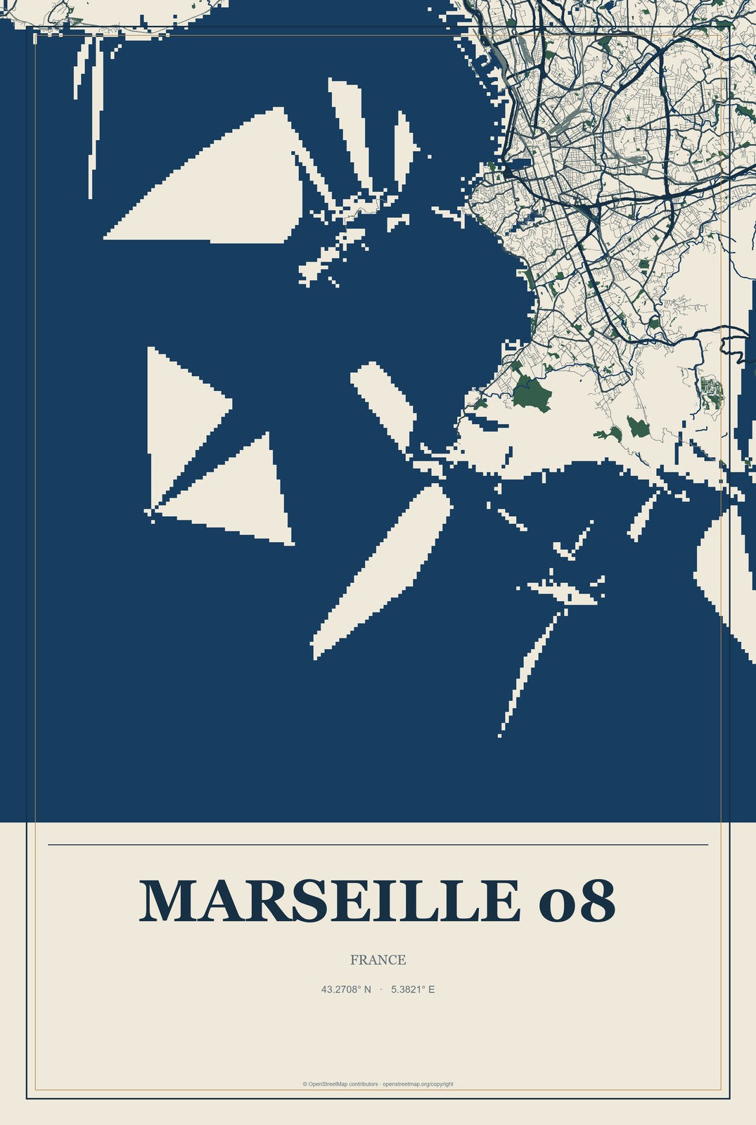 Marseille 08, France City Map Aluminum Sign in Coastal Cutout style