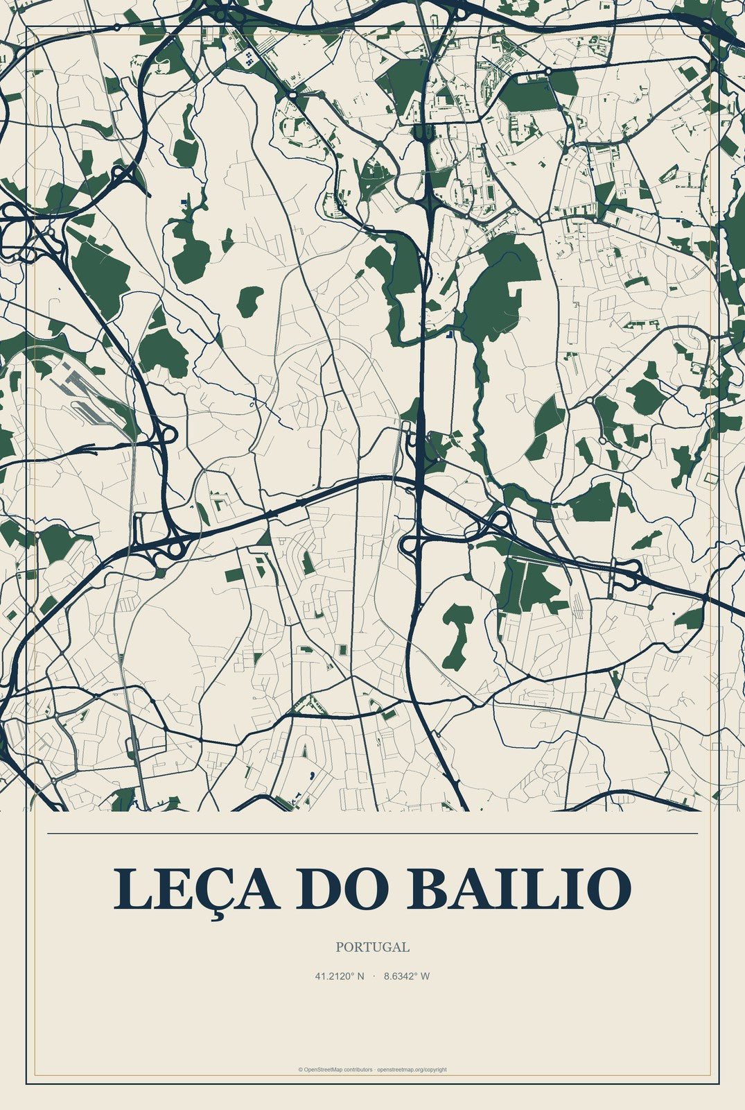 Leça do Bailio, Portugal City Map Aluminum Sign in Coastal Cutout style