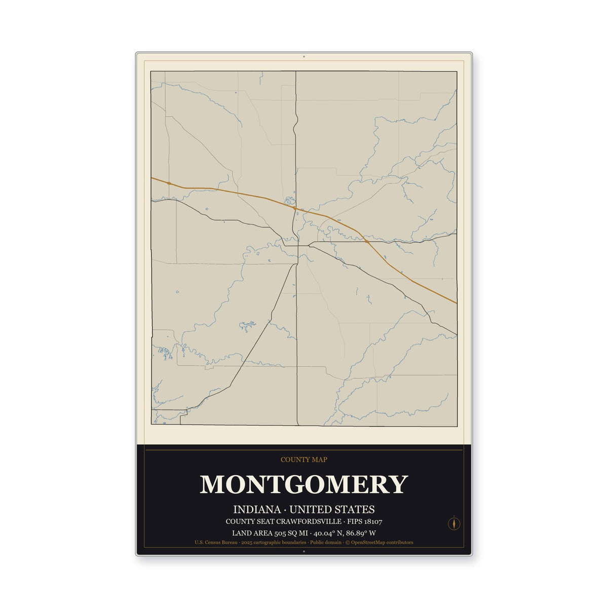 Montgomery County, Indiana Map Aluminum Sign in Museum Plaque style