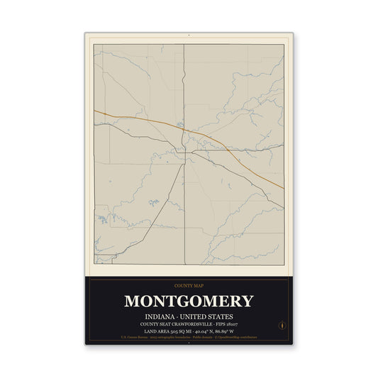 Montgomery County, Indiana Map Aluminum Sign in Museum Plaque style