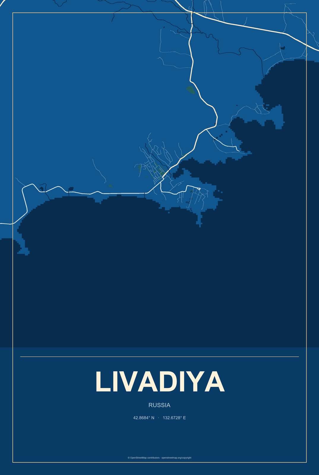 Livadiya, Russia City Map Aluminum Sign in Harbor Cobalt style