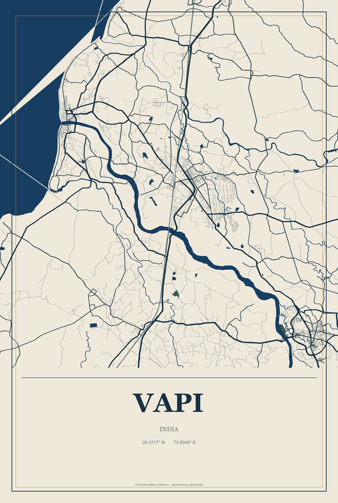 Vapi, India City Map Aluminum Sign in Coastal Cutout style