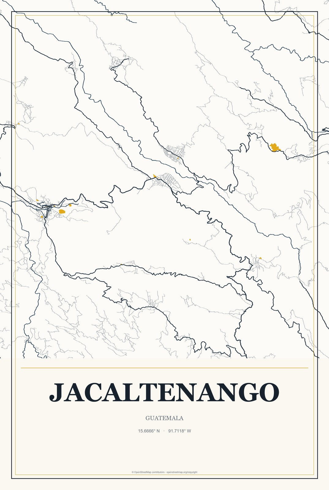 Jacaltenango, Guatemala City Map Aluminum Sign in Citrine Modern style