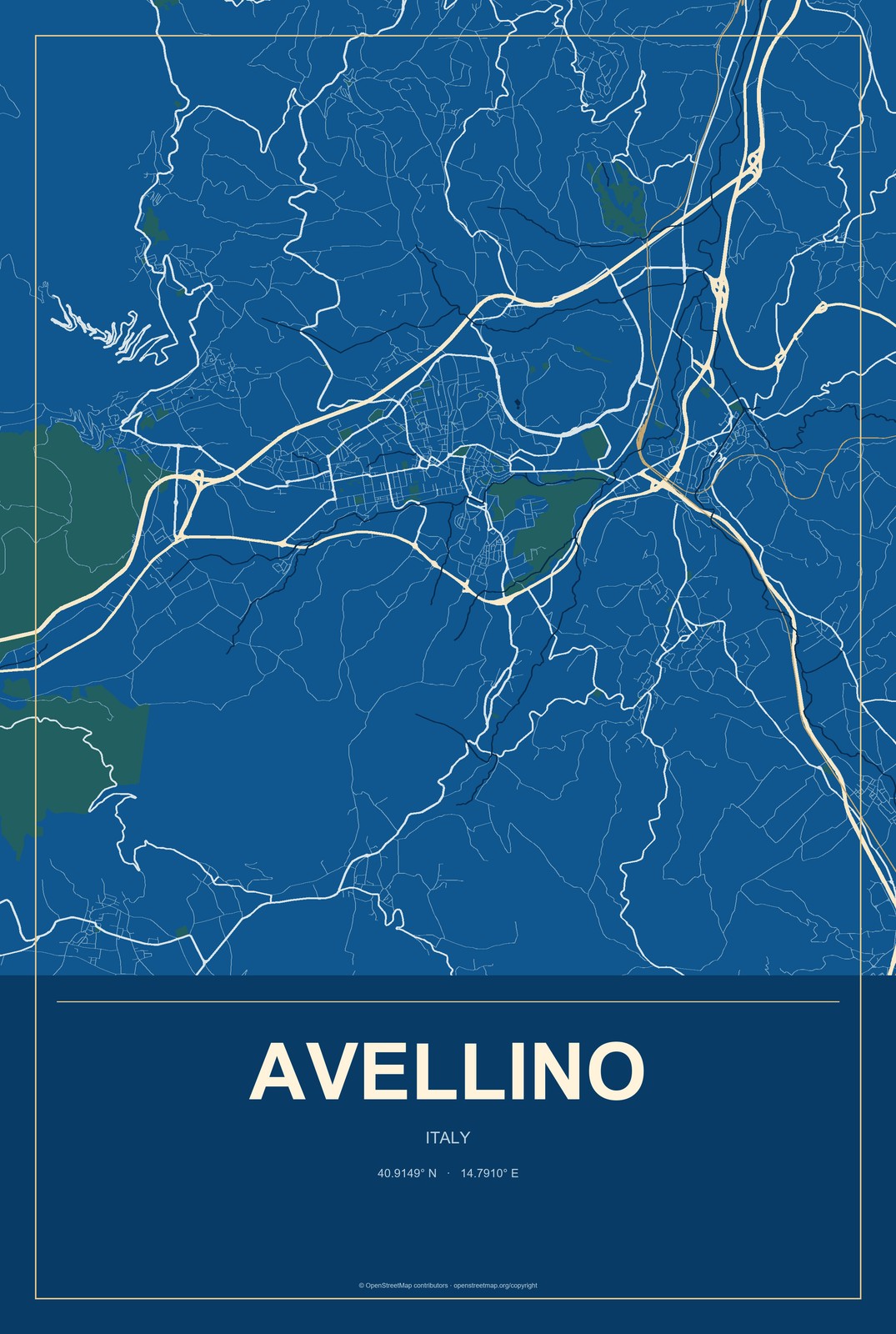 Avellino, Italy City Map Aluminum Sign in Harbor Cobalt style