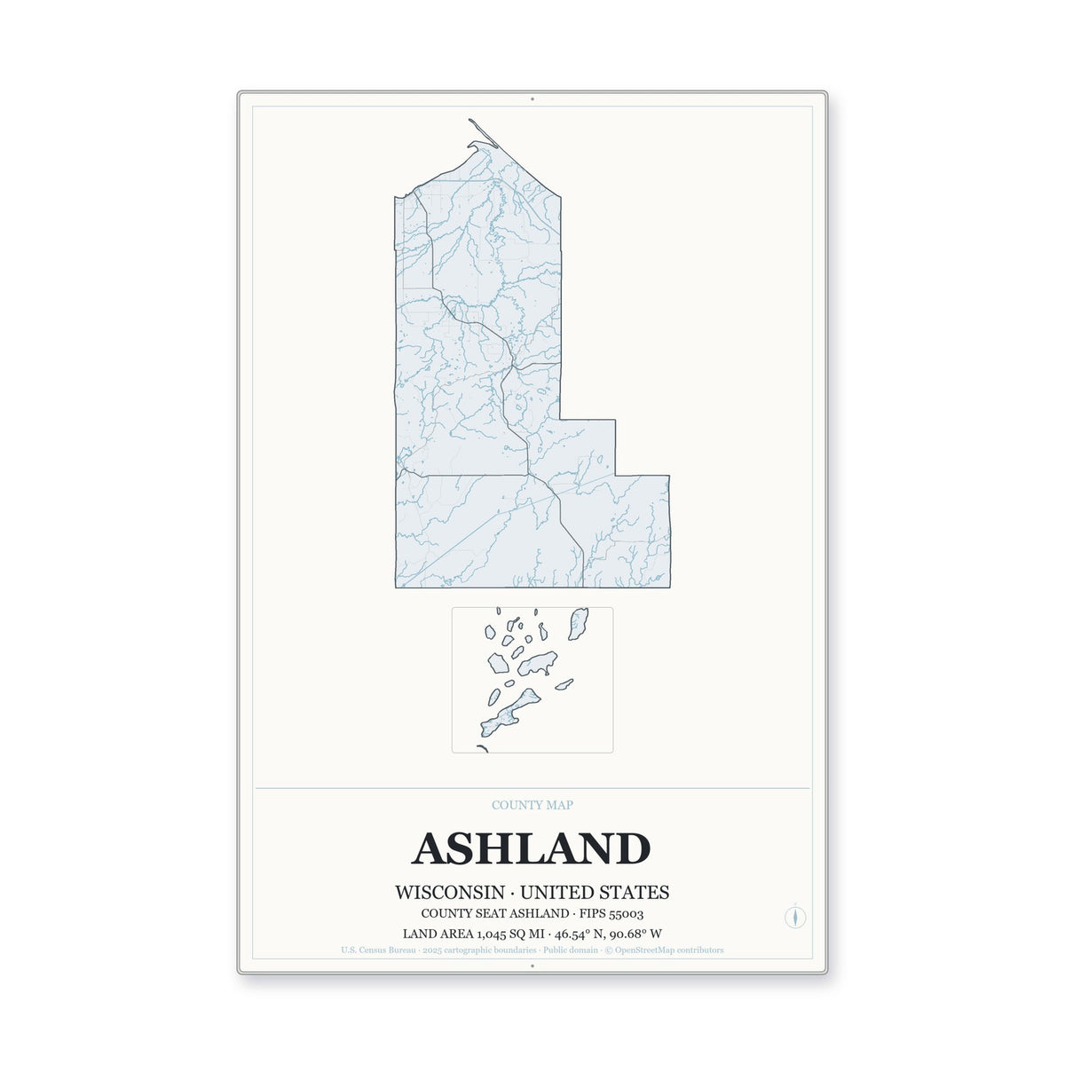 Ashland County, Wisconsin Map Aluminum Sign in Gallery Air style