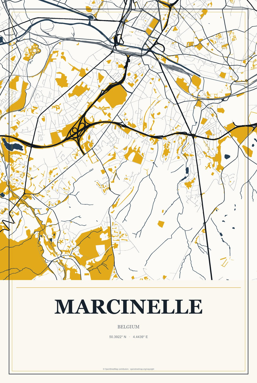 Marcinelle, Belgium City Map Aluminum Sign in Citrine Modern style