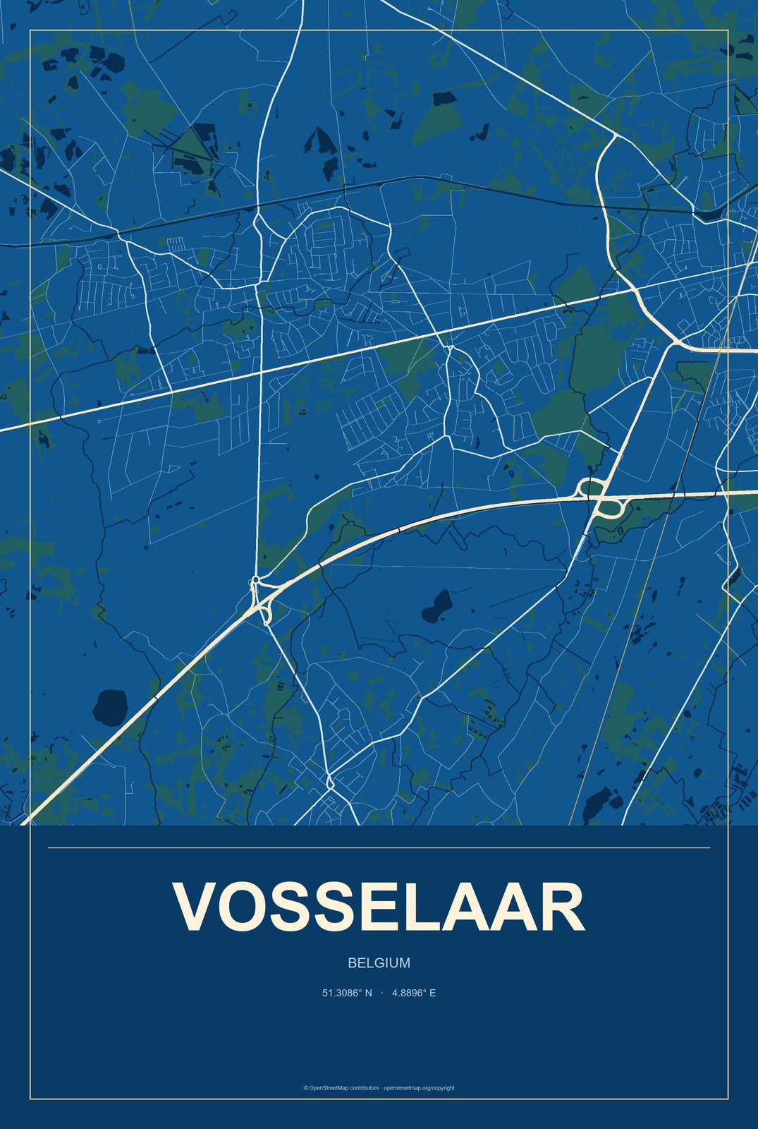 Vosselaar, Belgium City Map Aluminum Sign in Harbor Cobalt style