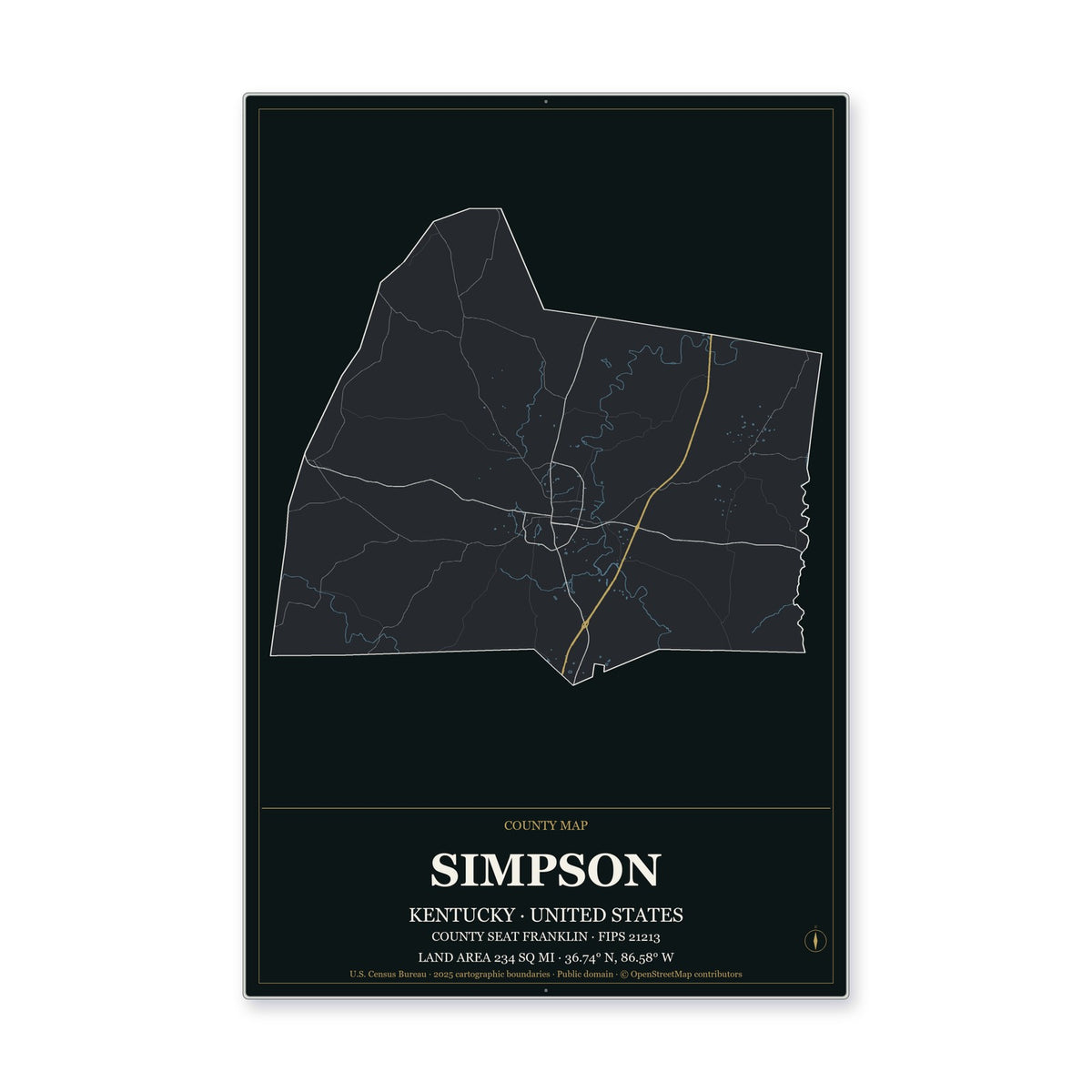 Simpson County, Kentucky Map Aluminum Sign in Metropolitan Noir style