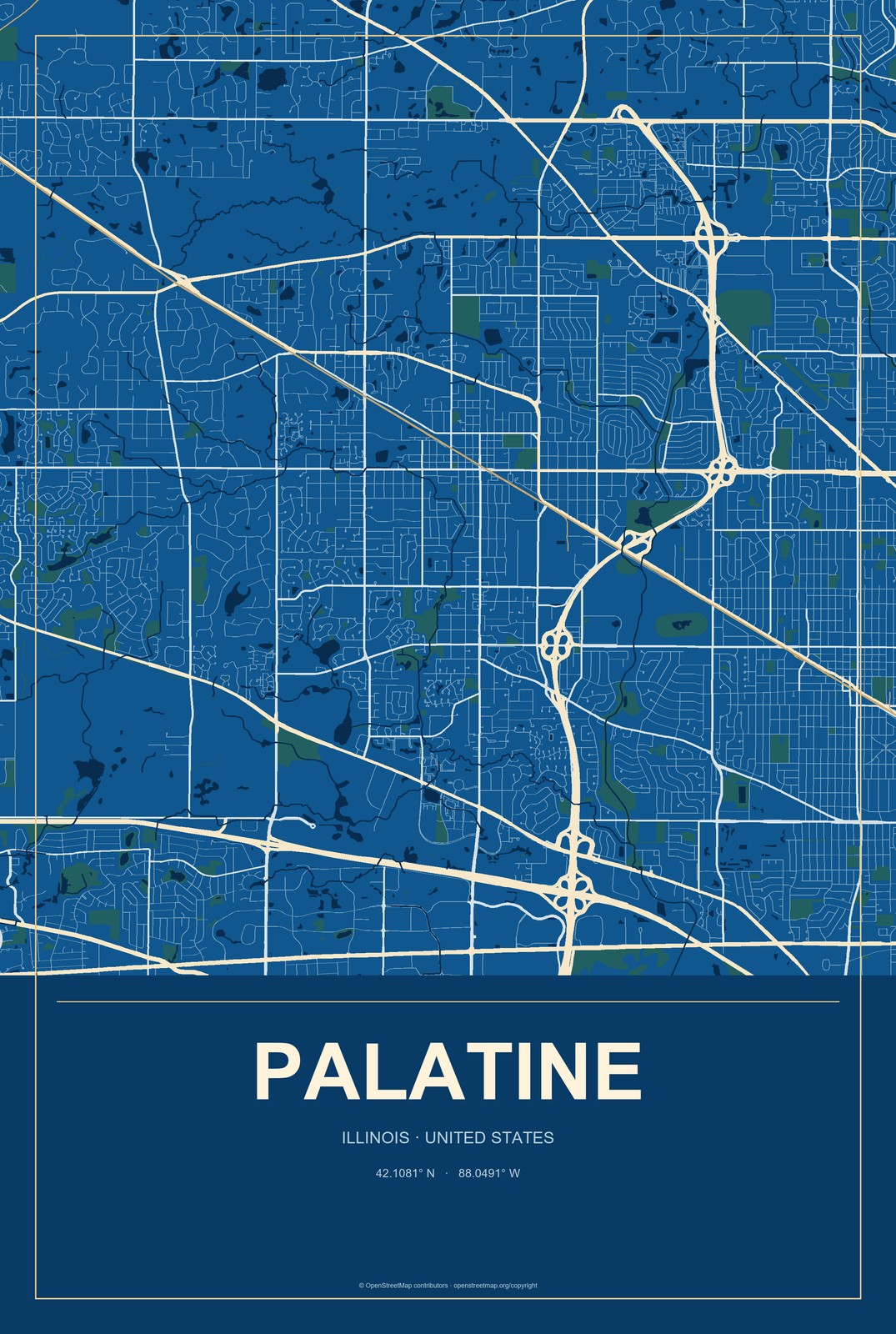 Palatine, Illinois City Map Aluminum Sign in Harbor Cobalt style