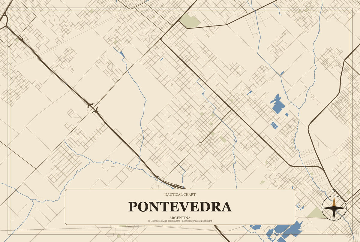 Pontevedra, Argentina City Map Aluminum Sign in Heritage Nautical style