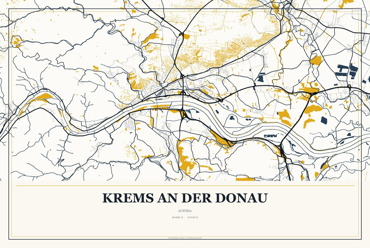 Krems an der Donau, Austria City Map Aluminum Sign in Citrine Modern style