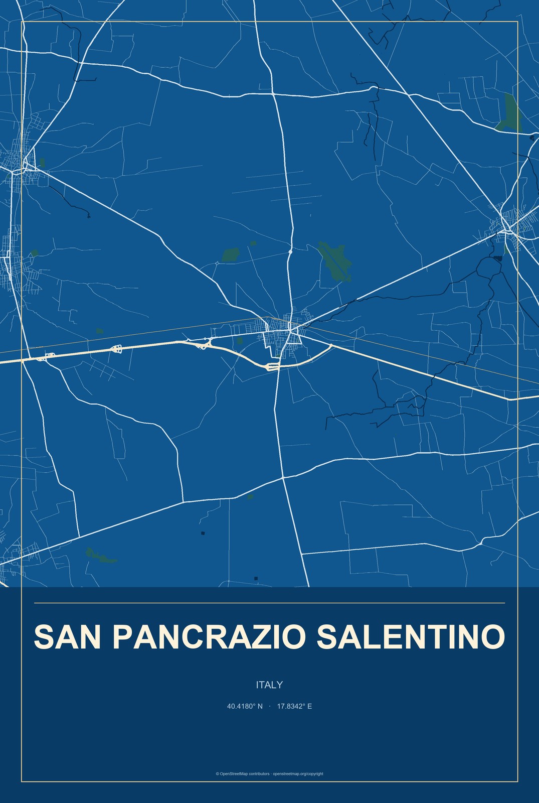 San Pancrazio Salentino, Italy City Map Aluminum Sign in Harbor Cobalt style
