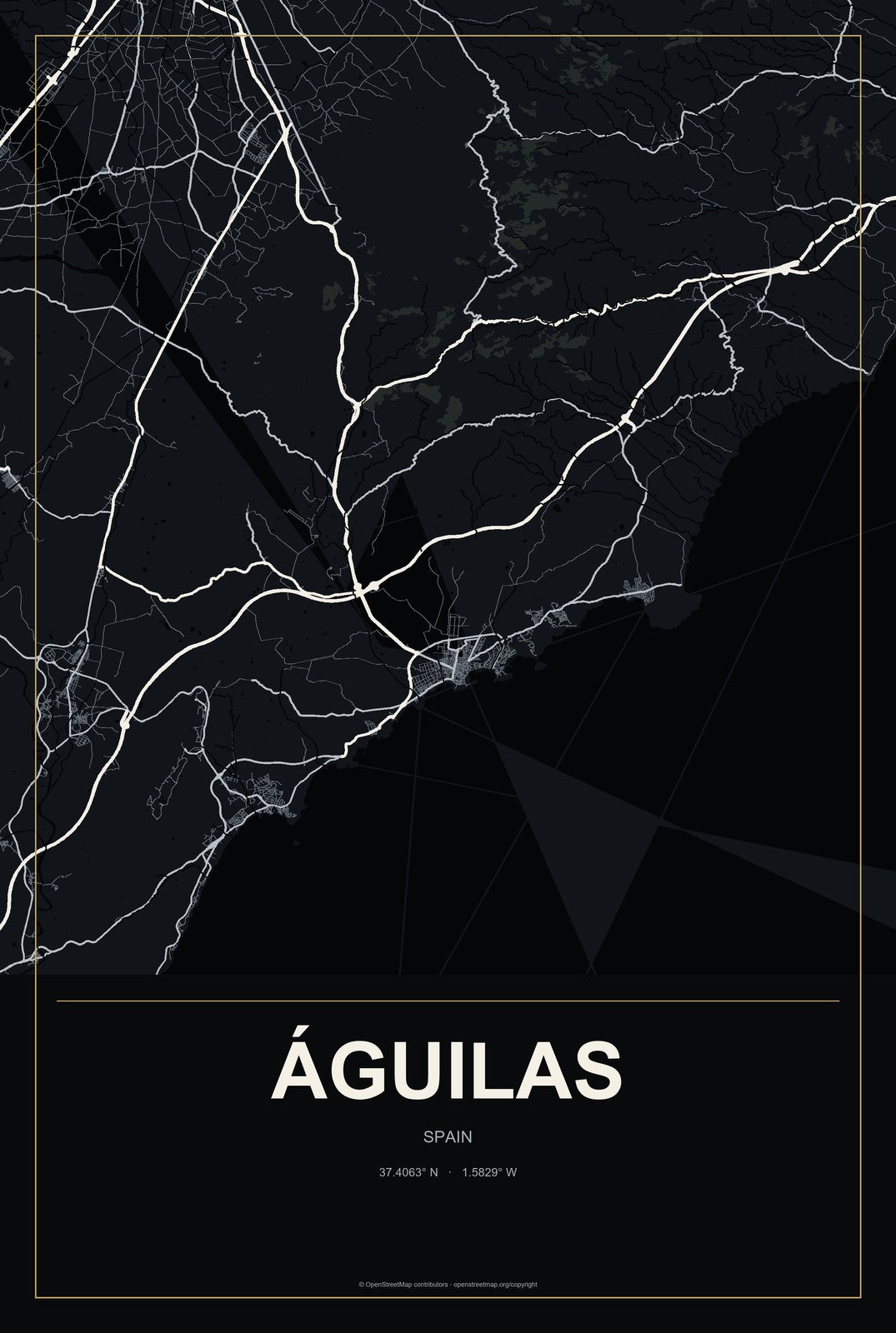 Águilas, Spain City Map Aluminum Sign in Metropolitan Noir style