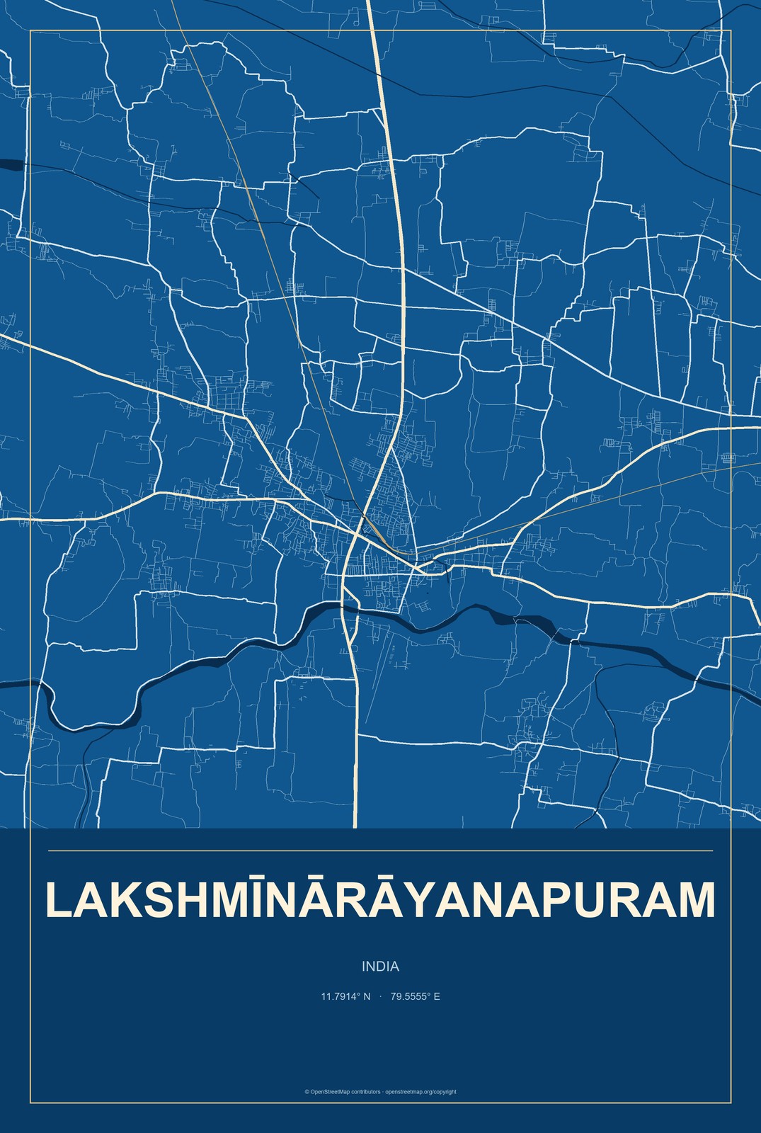Lakshmīnārāyanapuram, India City Map Aluminum Sign in Harbor Cobalt style