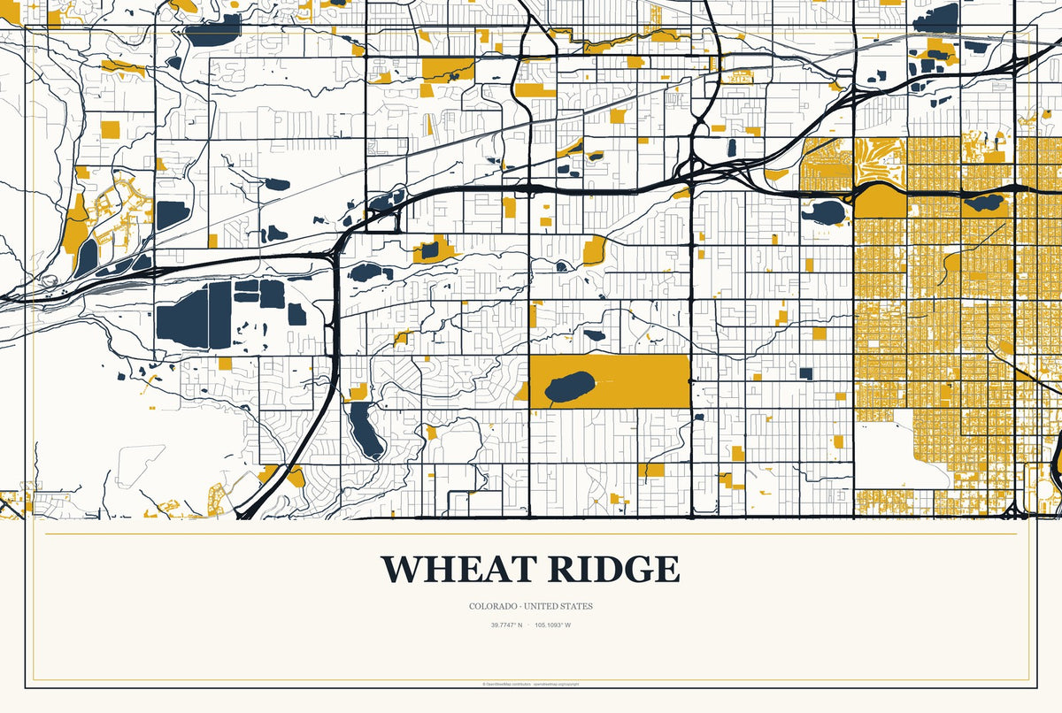 Wheat Ridge, Colorado City Map Aluminum Sign in Citrine Modern style