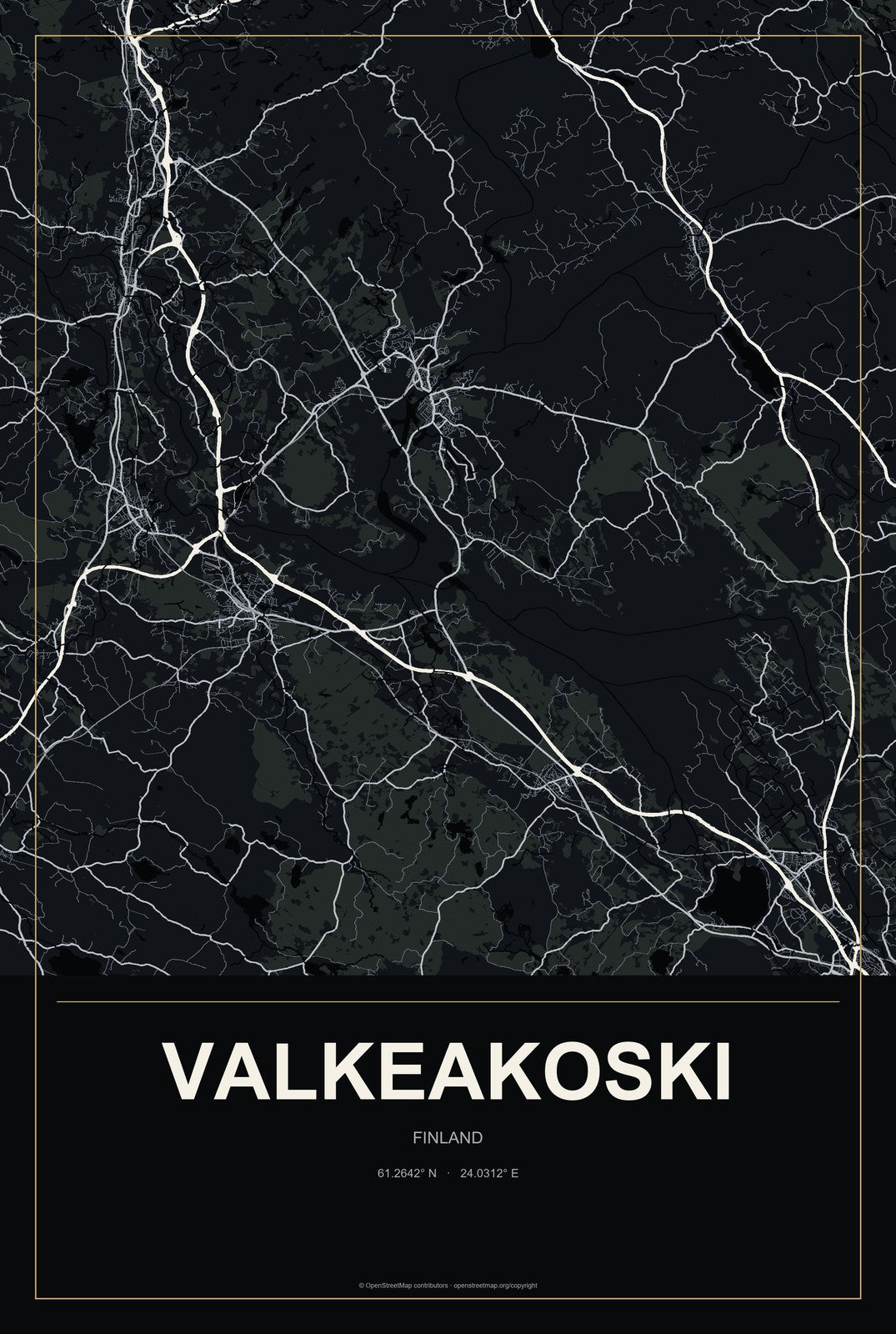 Valkeakoski, Finland City Map Aluminum Sign in Metropolitan Noir style