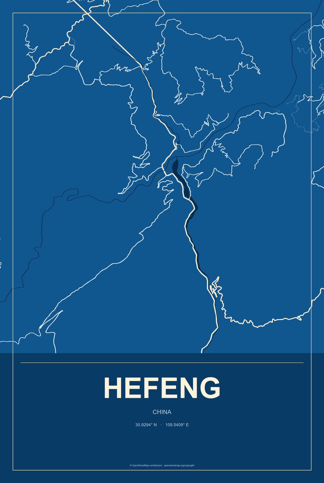 Hefeng, China City Map Aluminum Sign in Harbor Cobalt style