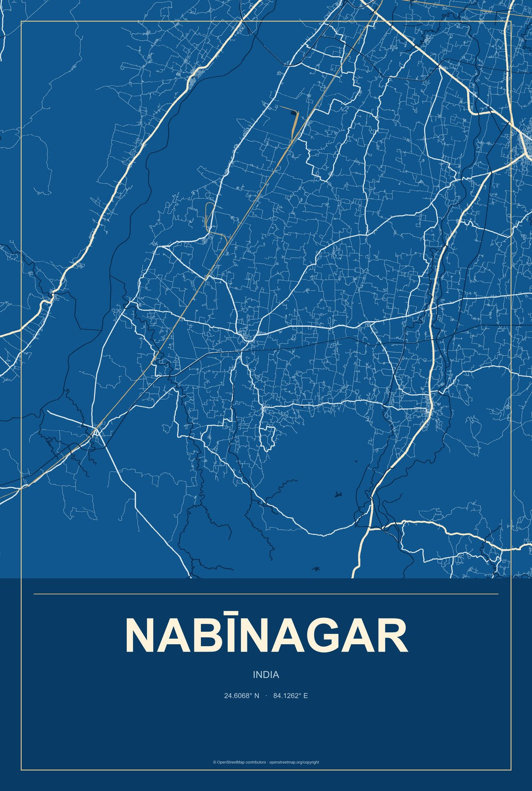 Nabīnagar, India City Map Aluminum Sign in Harbor Cobalt style