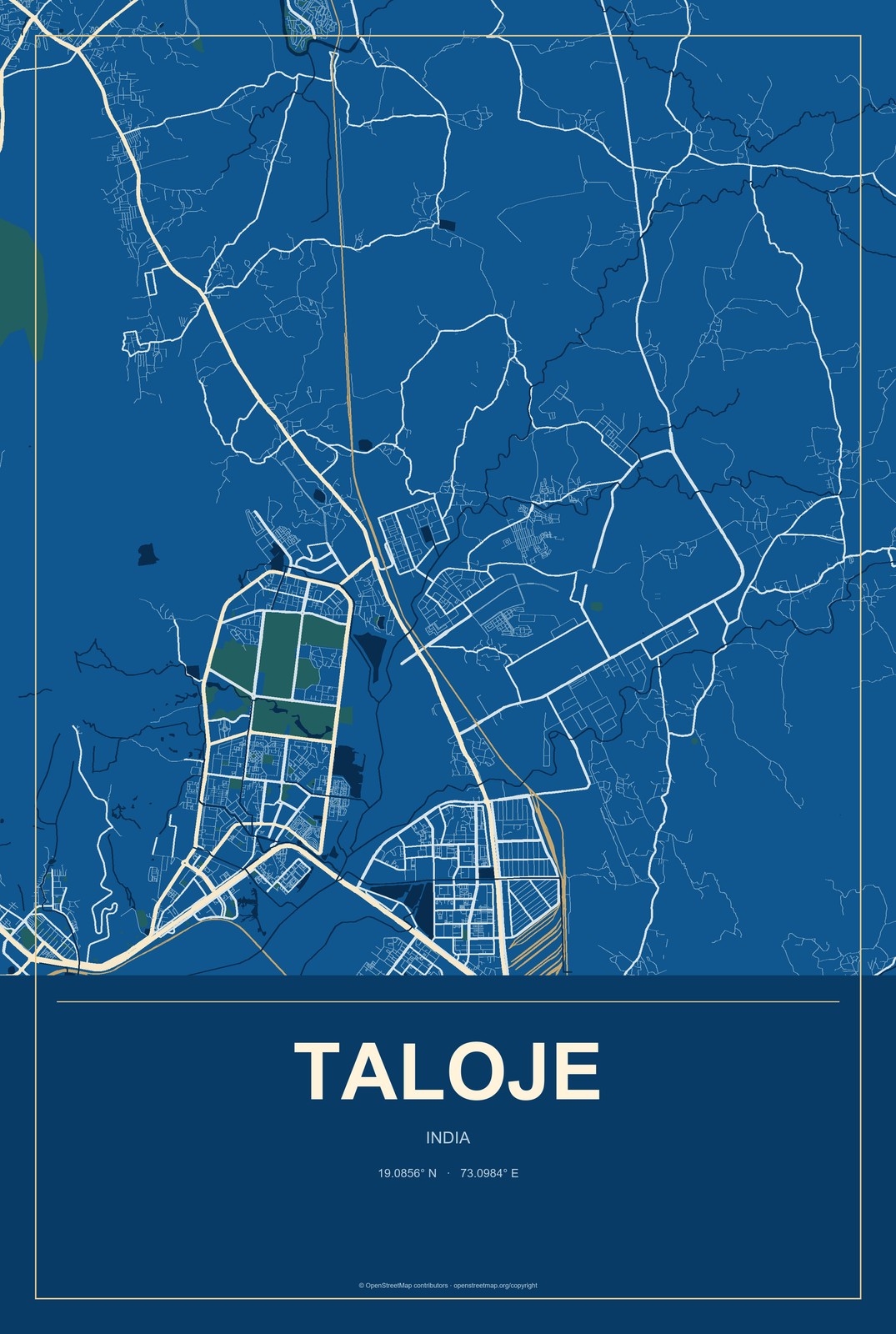 Taloje, India City Map Aluminum Sign in Harbor Cobalt style