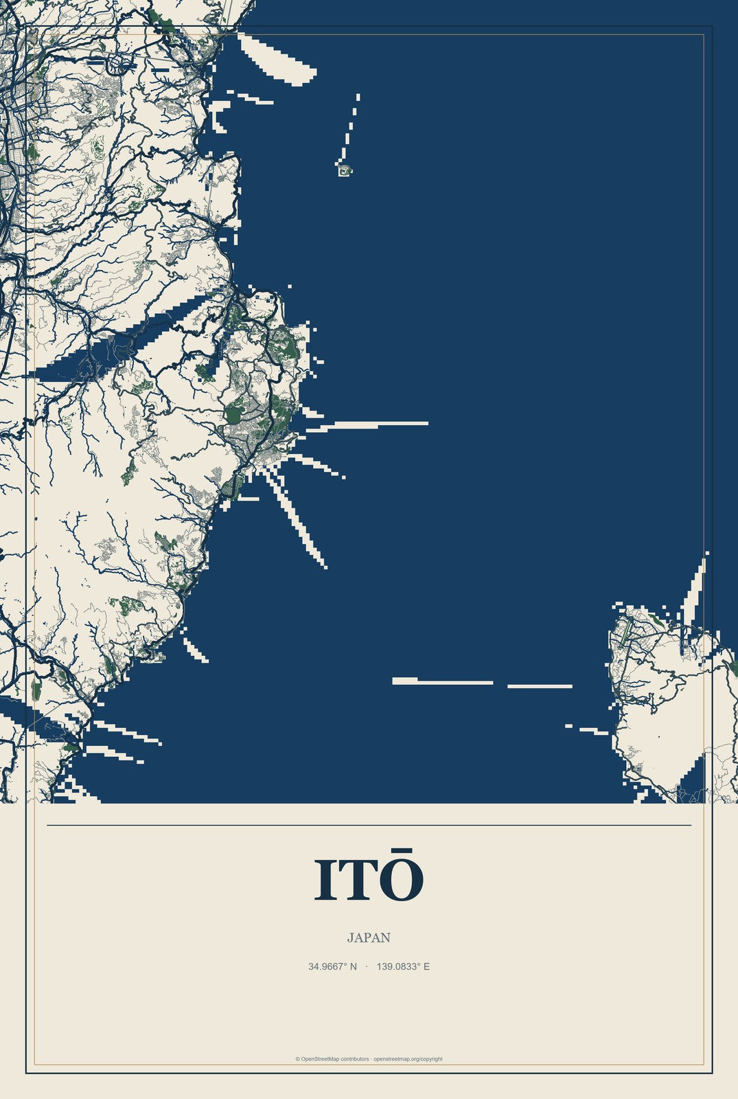 Itō, Japan City Map Aluminum Sign in Coastal Cutout style
