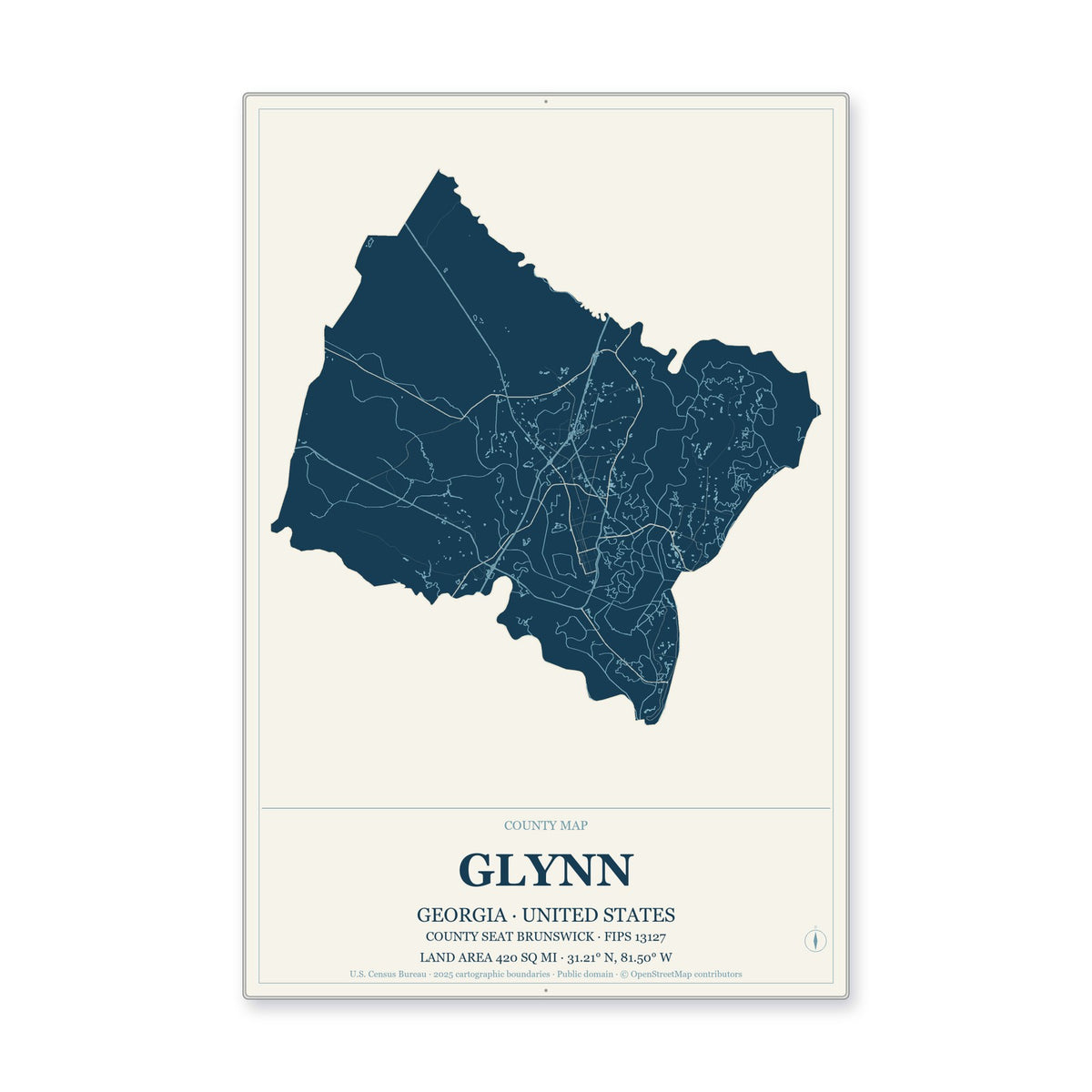 Glynn County, Georgia Map Aluminum Sign in Coastal Cutout style